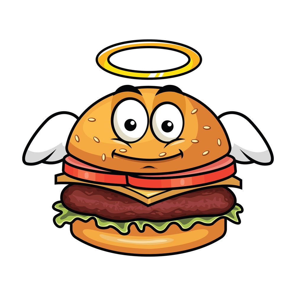 With wings and halo hamburger emoticon. PNG - JPG and vector EPS file formats (infinitely scalable). Image isolated on transparent background.