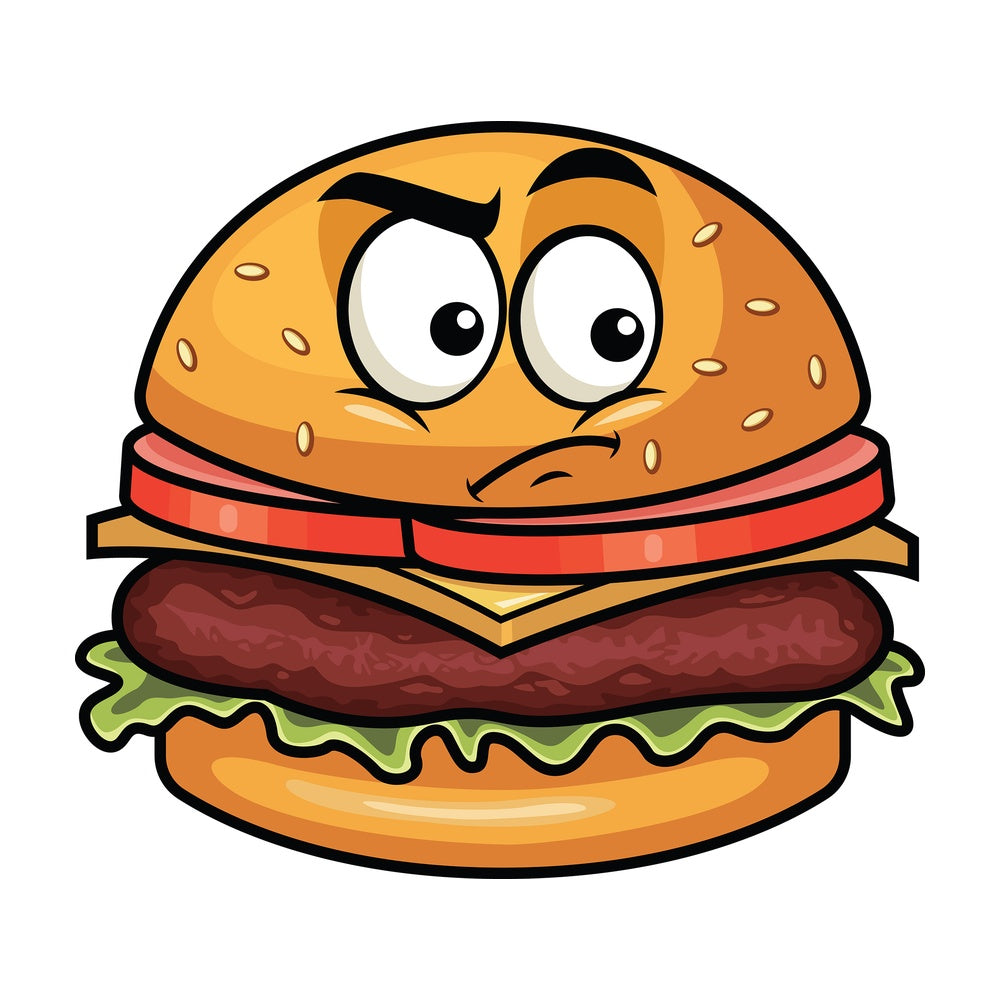 Irritated hamburger emoticon. PNG - JPG and vector EPS file formats (infinitely scalable). Image isolated on transparent background.