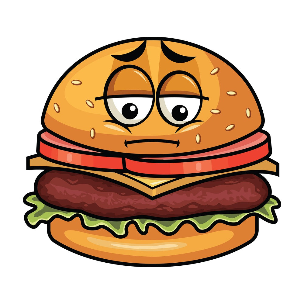 Depressed hamburger emoticon. PNG - JPG and vector EPS file formats (infinitely scalable). Image isolated on transparent background.