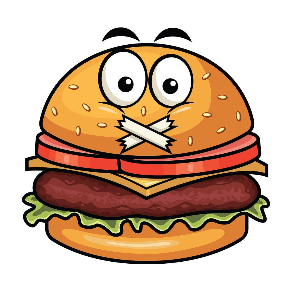 Taped mouth hamburger emoticon. PNG - JPG and vector EPS file formats (infinitely scalable). Image isolated on transparent background.