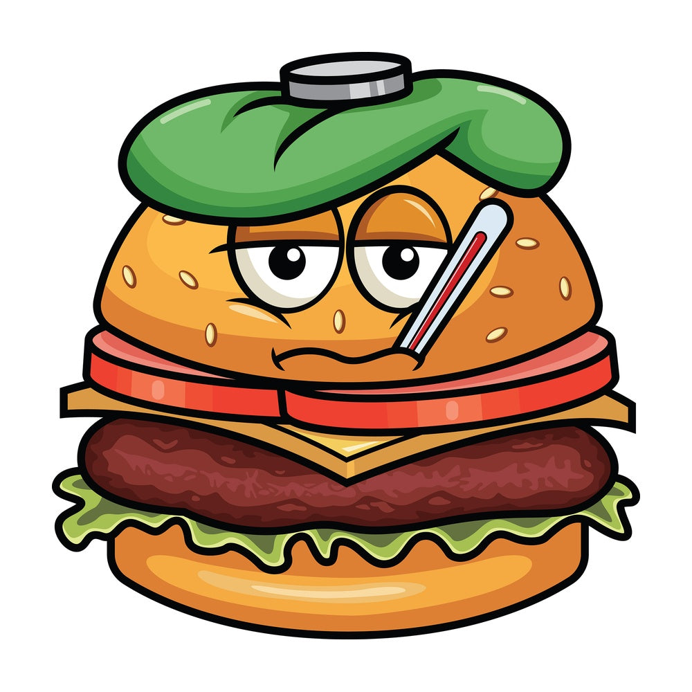 Feverish sick hamburger emoticon. PNG - JPG and vector EPS file formats (infinitely scalable). Image isolated on transparent background.