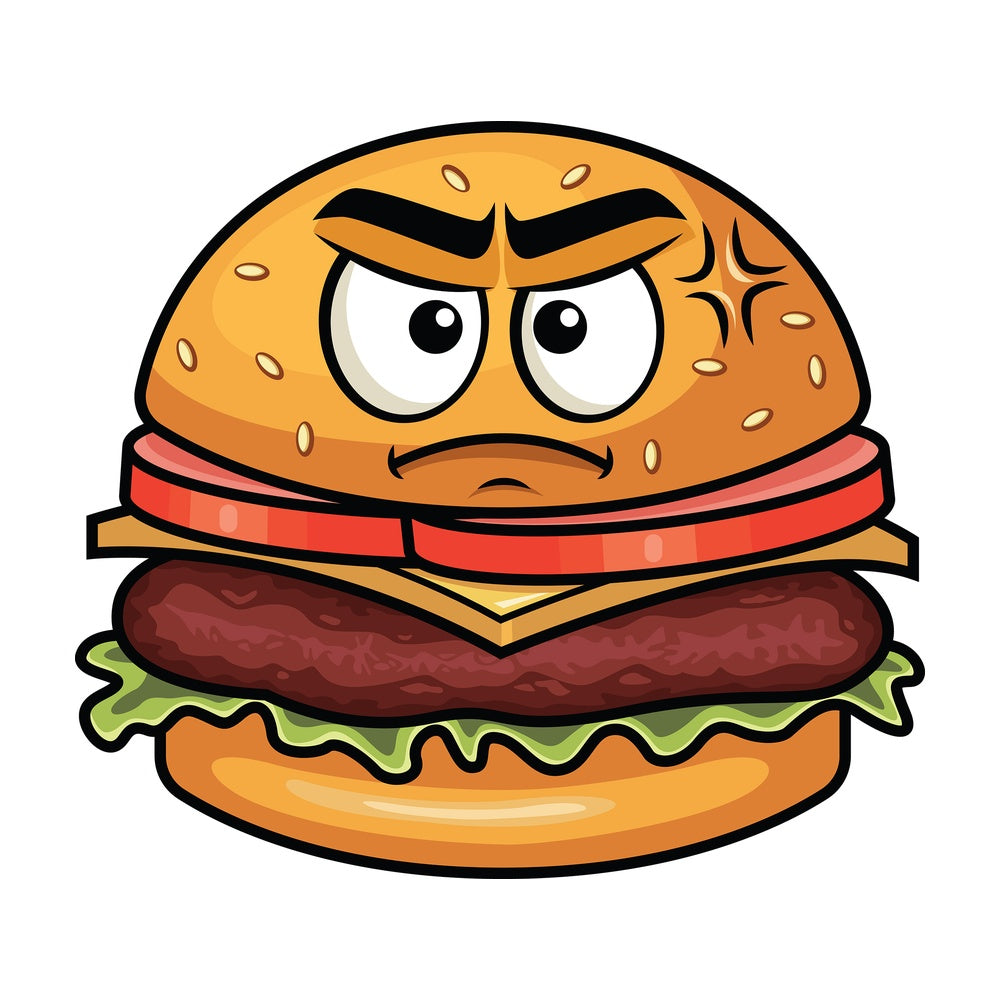 Annoyed hamburger emoticon. PNG - JPG and vector EPS file formats (infinitely scalable). Image isolated on transparent background.