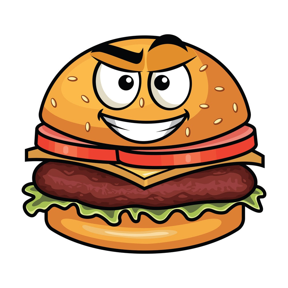 Cunning evil face hamburger emoticon. PNG - JPG and vector EPS file formats (infinitely scalable). Image isolated on transparent background.