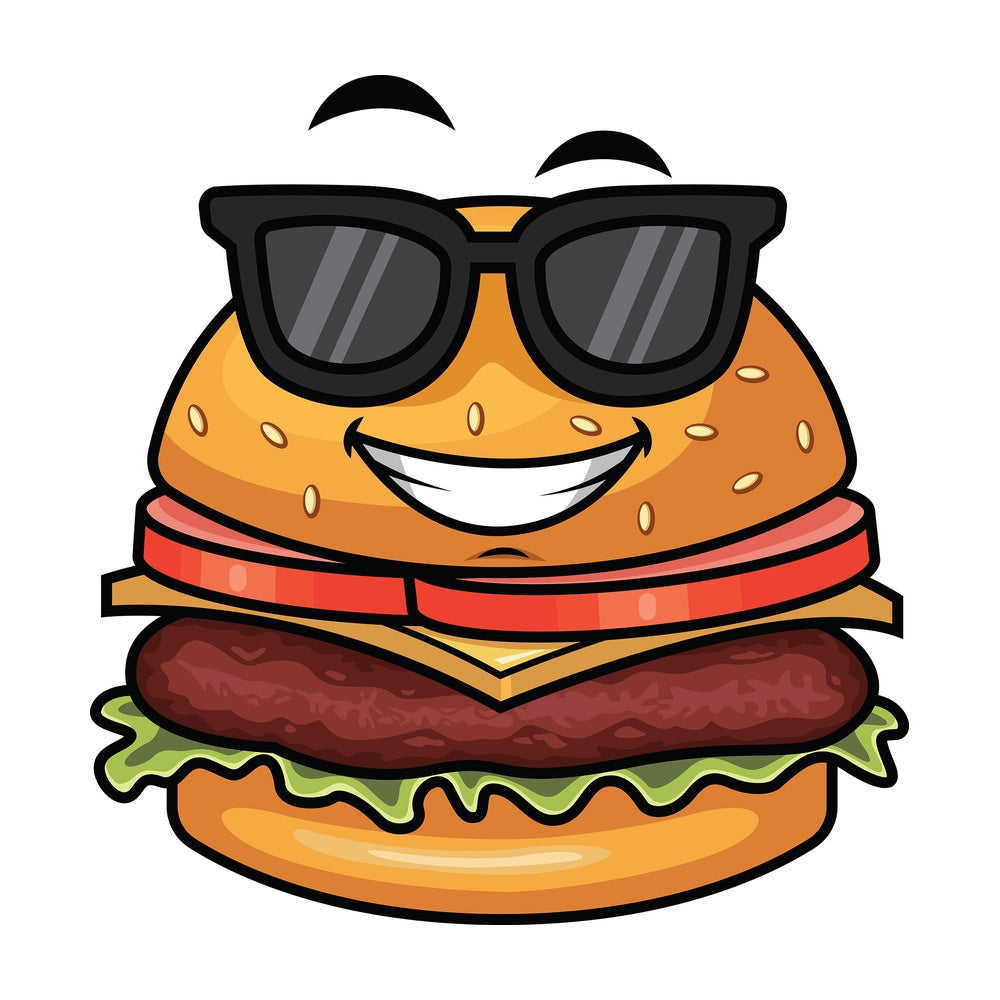 Cool hamburger wearing sunglasses emoticon. PNG - JPG and vector EPS file formats (infinitely scalable). Image isolated on transparent background.