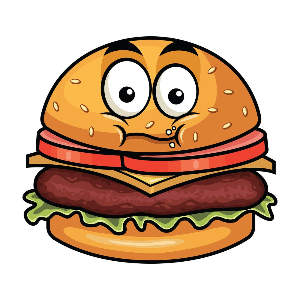 Chewing hamburger emoticon. PNG - JPG and vector EPS file formats (infinitely scalable). Image isolated on transparent background.