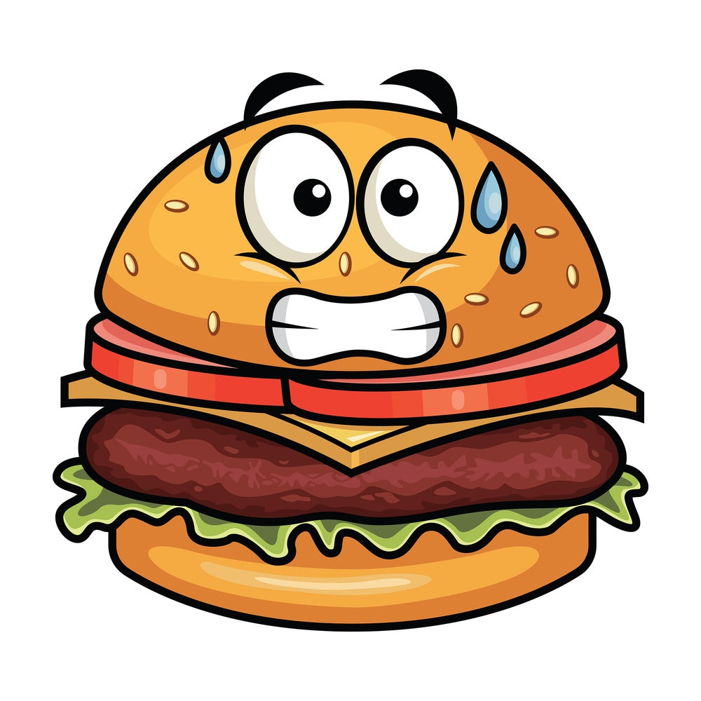 Sweating hamburger emoticon. PNG - JPG and vector EPS file formats (infinitely scalable). Image isolated on transparent background.