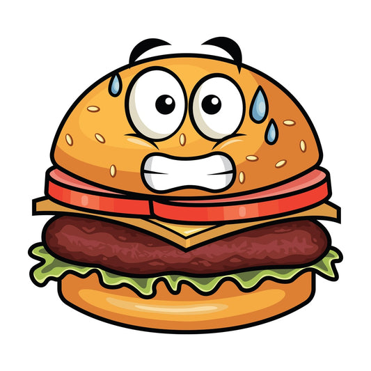 Sweating hamburger emoticon. PNG - JPG and vector EPS file formats (infinitely scalable). Image isolated on transparent background.