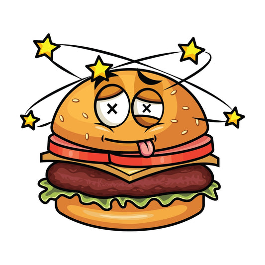 Beaten up hamburger emoticon. PNG - JPG and vector EPS file formats (infinitely scalable). Image isolated on transparent background.