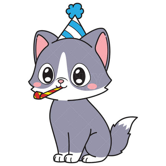 Royalty-free vector illustration of a birthday cat blowing party horn.