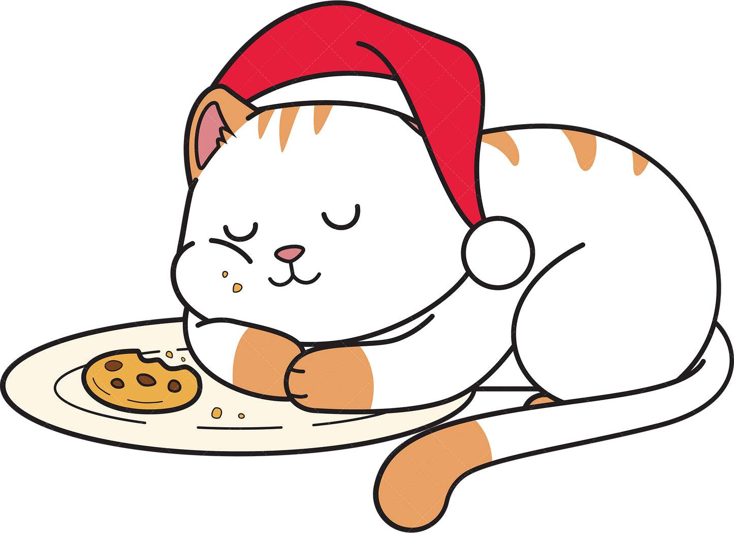 Royalty-free vector illustration of a christmas cat sleeping after eating cookies.