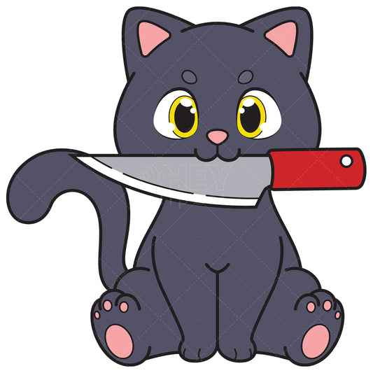 Royalty-free vector illustration of a cute cat biting knife.