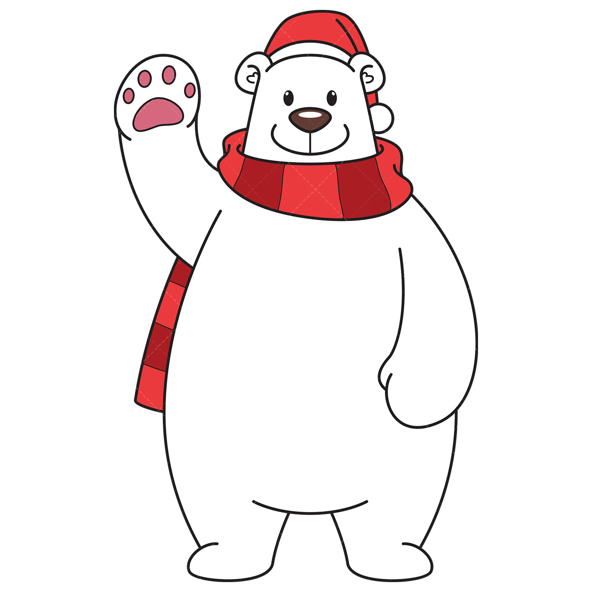 Royalty-free vector illustration of a happy polar bear with santa hat and scarf.