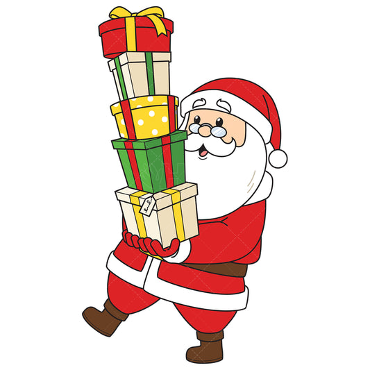 Royalty-free vector illustration of a santa claus carrying tall stack of gifts.