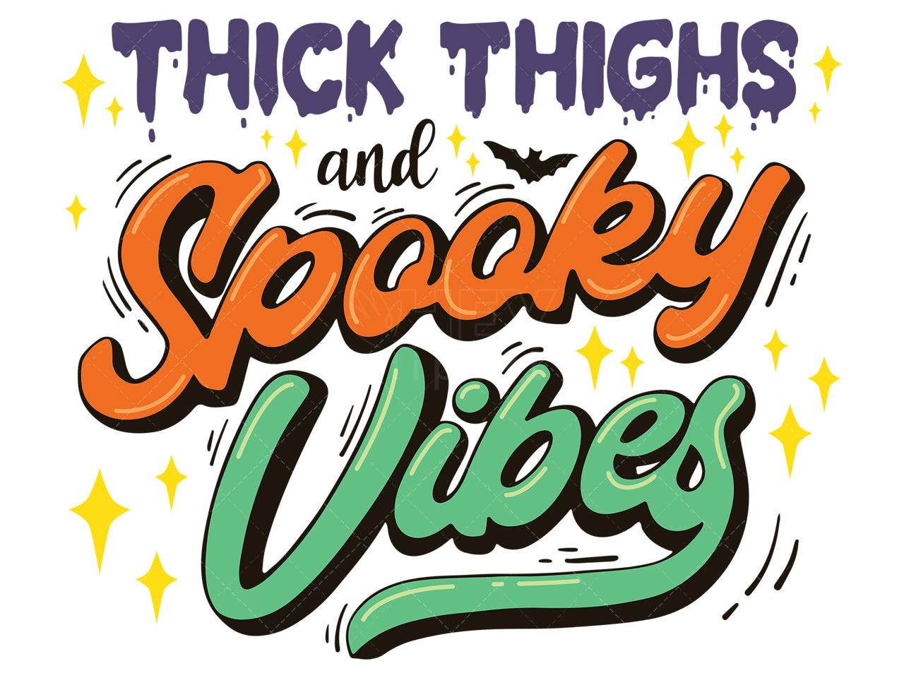 Royalty-free vector illustration of handwritten-style text art that reads "thick thighs and spooky vibes".