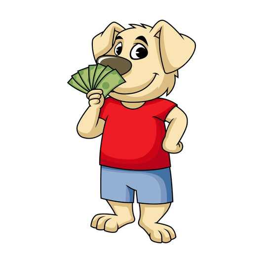 Dog cartoon character holding money. PNG - JPG and vector EPS (infinitely scalable). Image isolated on transparent background.