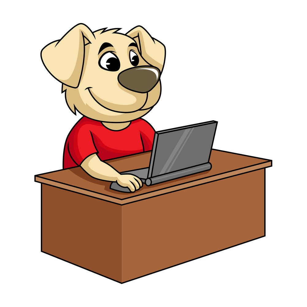Dog cartoon character working on laptop. PNG - JPG and vector EPS (infinitely scalable). Image isolated on transparent background.