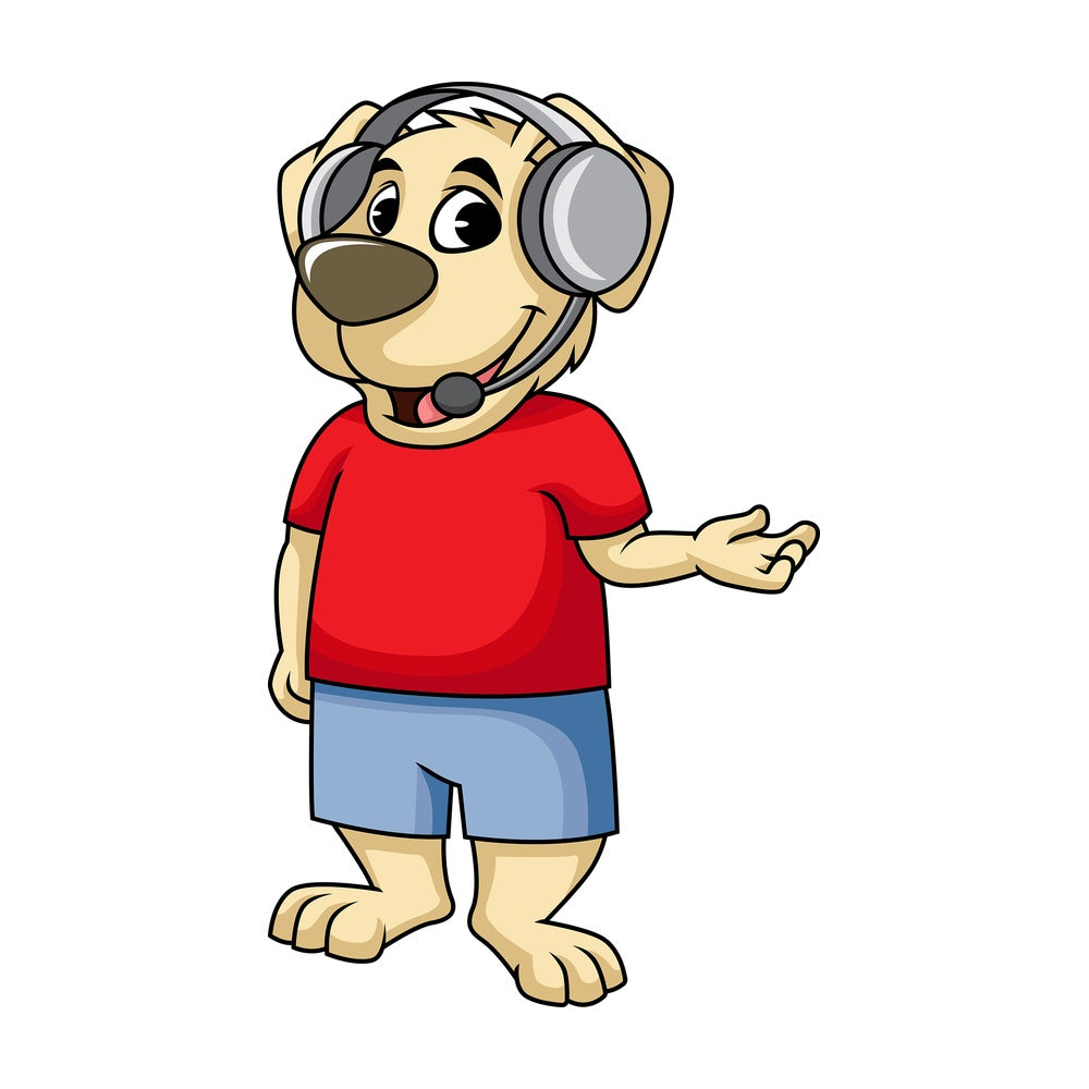 Dog cartoon character wearing headset. PNG - JPG and vector EPS (infinitely scalable). Image isolated on transparent background.