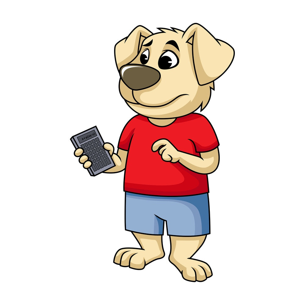 Confused dog cartoon character holding calculator. PNG - JPG and vector EPS (infinitely scalable). Image isolated on transparent background.