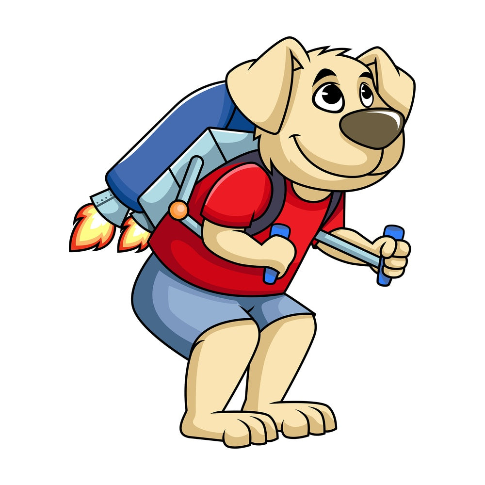 Dog cartoon character wearing jetpack. PNG - JPG and vector EPS (infinitely scalable). Image isolated on transparent background.