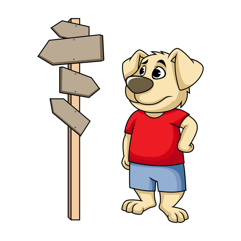 Dog cartoon character at crossroads. PNG - JPG and vector EPS (infinitely scalable). Image isolated on transparent background.