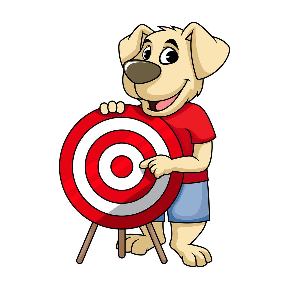 Dog cartoon character pointing at red target. PNG - JPG and vector EPS (infinitely scalable). Image isolated on transparent background.
