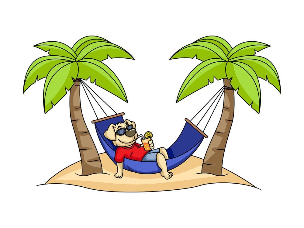 Dog cartoon character relaxing on hammock. PNG - JPG and vector EPS (infinitely scalable). Image isolated on transparent background.