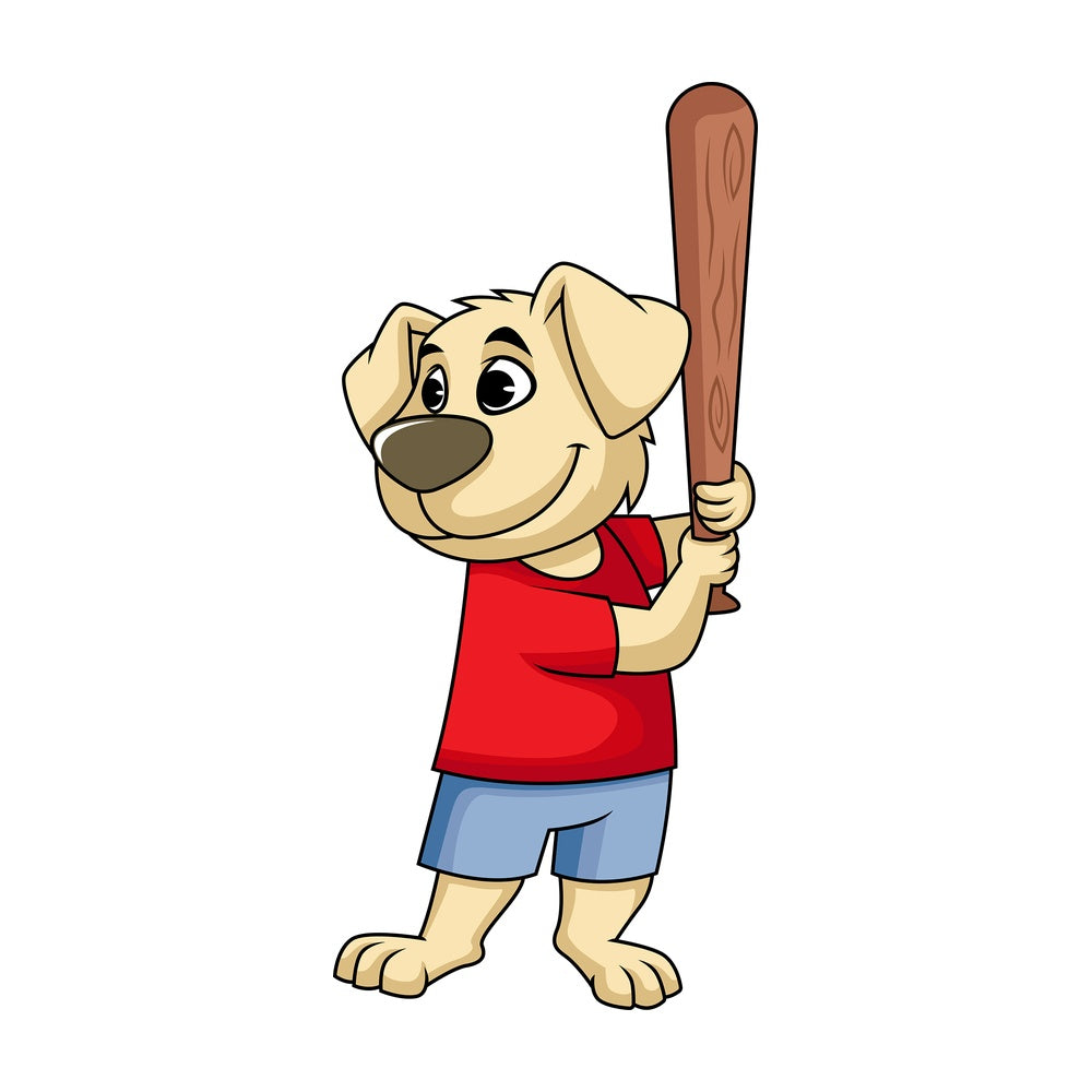 Dog cartoon character swinging baseball bat. PNG - JPG and vector EPS (infinitely scalable). Image isolated on transparent background.