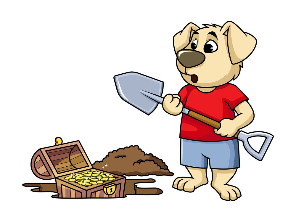 Cartoon character dog digging up treasure chest. PNG - JPG and vector EPS (infinitely scalable). Image isolated on transparent background.