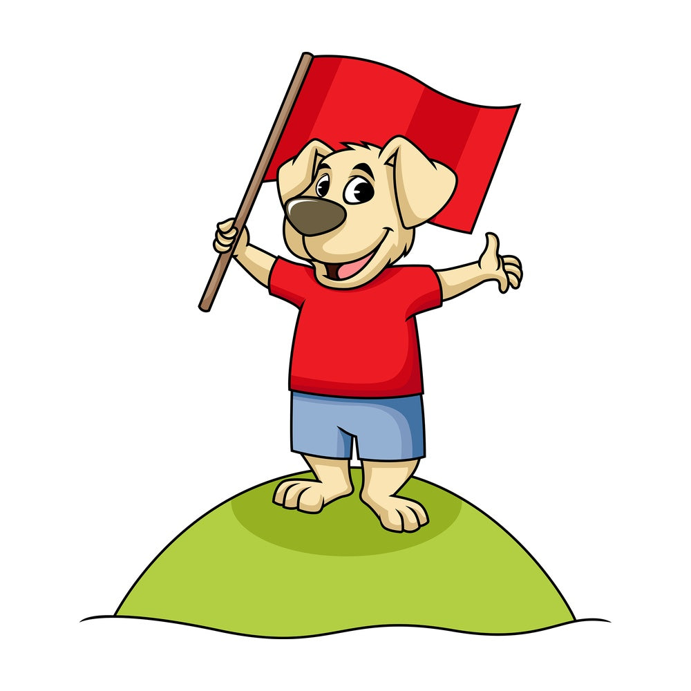 Cartoon character dog holding flag. PNG - JPG and vector EPS (infinitely scalable). Image isolated on transparent background.