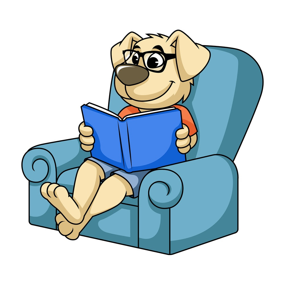 Dog cartoon character reading book. PNG - JPG and vector EPS (infinitely scalable). Image isolated on transparent background.