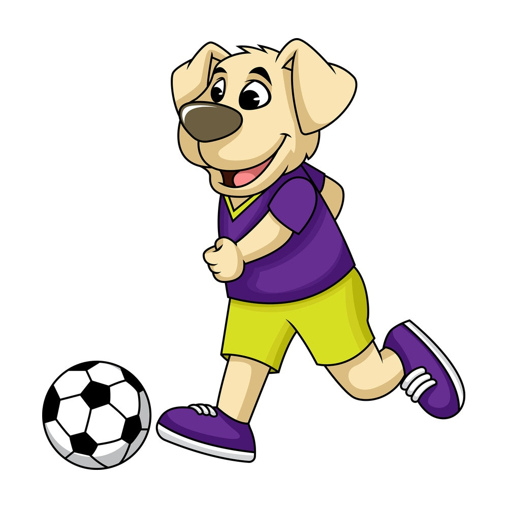 Dog cartoon character playing soccer. PNG - JPG and vector EPS (infinitely scalable). Image isolated on transparent background.