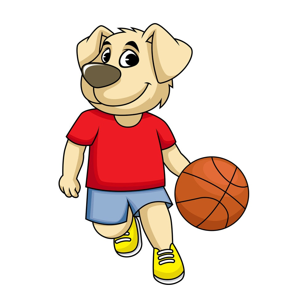Dog cartoon character playing basketball. PNG - JPG and vector EPS (infinitely scalable). Image isolated on transparent background.