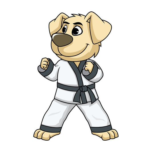 Dog cartoon character doing karate. PNG - JPG and vector EPS (infinitely scalable). Image isolated on transparent background.