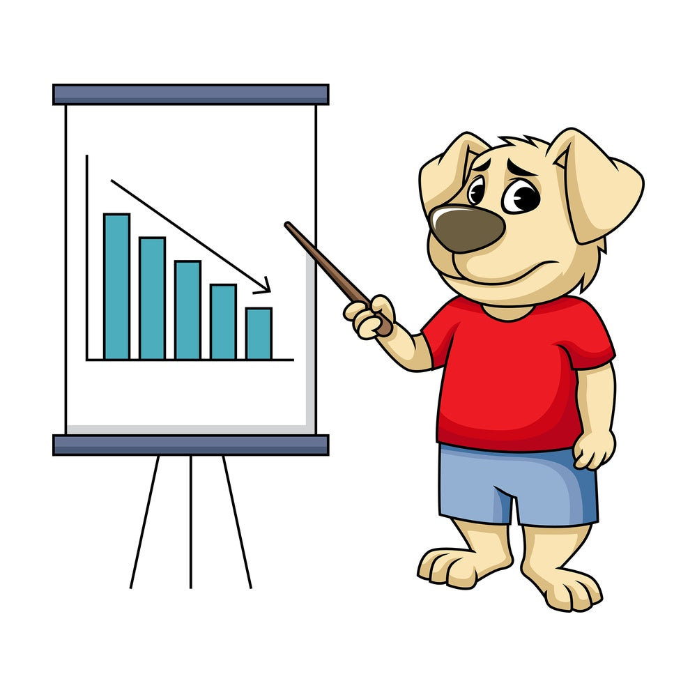 Dog cartoon character pointing to declining graph. PNG - JPG and vector EPS (infinitely scalable). Image isolated on transparent background.