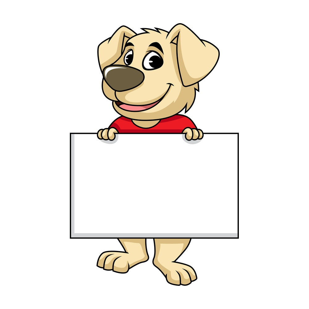Dog cartoon character holding empty sign. PNG - JPG and vector EPS (infinitely scalable). Image isolated on transparent background.