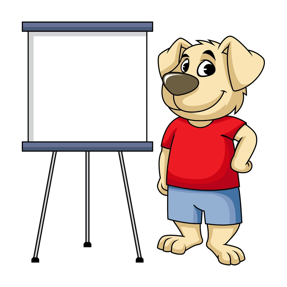 Dog cartoon character near drawing board. PNG - JPG and vector EPS (infinitely scalable). Image isolated on transparent background.