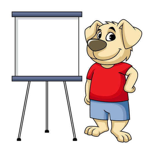 Dog cartoon character near drawing board. PNG - JPG and vector EPS (infinitely scalable). Image isolated on transparent background.
