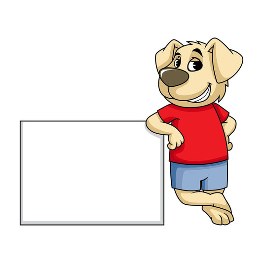 Dog cartoon character leaning on blank sign. PNG - JPG and vector EPS (infinitely scalable). Image isolated on transparent background.