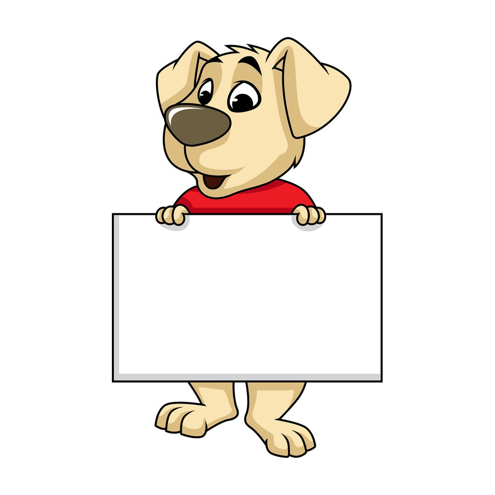 Dog cartoon character holding sales sign. PNG - JPG and vector EPS (infinitely scalable). Image isolated on transparent background.