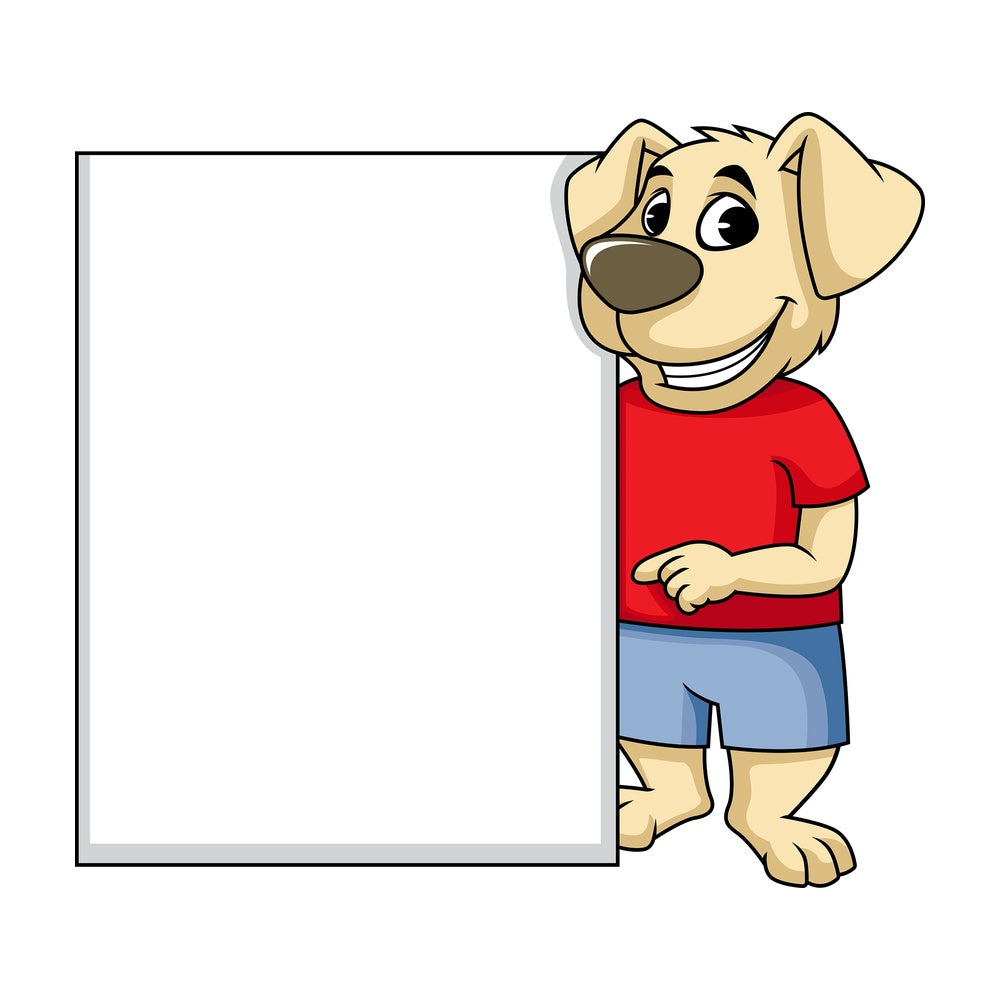 Dog cartoon character behind tall empty sign. PNG - JPG and vector EPS (infinitely scalable). Image isolated on transparent background.