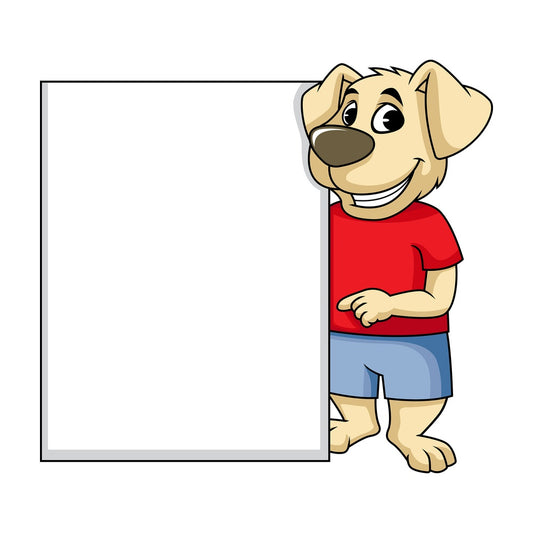 Dog cartoon character behind tall empty sign. PNG - JPG and vector EPS (infinitely scalable). Image isolated on transparent background.
