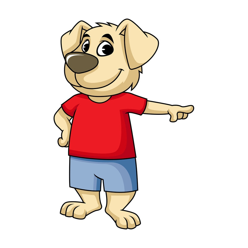 Dog cartoon character pointing right. PNG - JPG and vector EPS (infinitely scalable). Image isolated on transparent background.