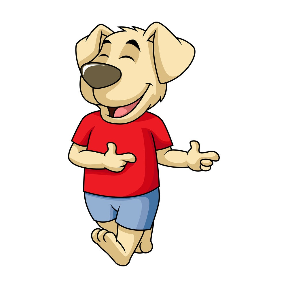 Cheerful dog cartoon character pointing side. PNG - JPG and vector EPS (infinitely scalable). Image isolated on transparent background.
