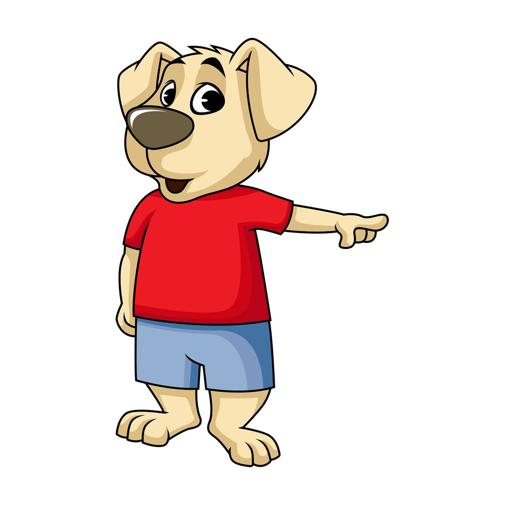 Surprised dog cartoon character pointing. PNG - JPG and vector EPS (infinitely scalable). Image isolated on transparent background.