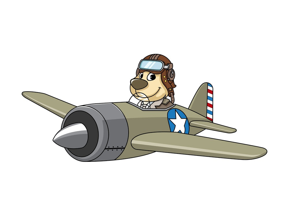 Dog character flying airplane. PNG - JPG and vector EPS (infinitely scalable). Image isolated on transparent background.