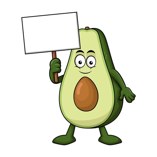 Avocado cartoon character holding blank sign. PNG - JPG and vector EPS (infinitely scalable). Image isolated on transparent background.