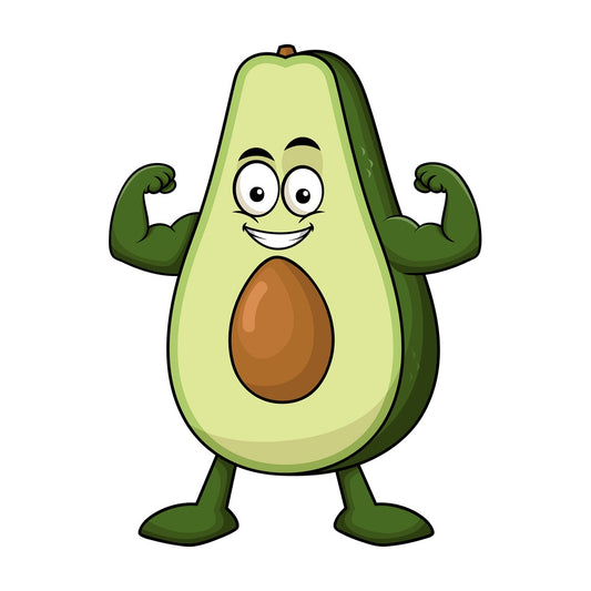 Avocado cartoon character flexing muscles. PNG - JPG and vector EPS (infinitely scalable). Image isolated on transparent background.