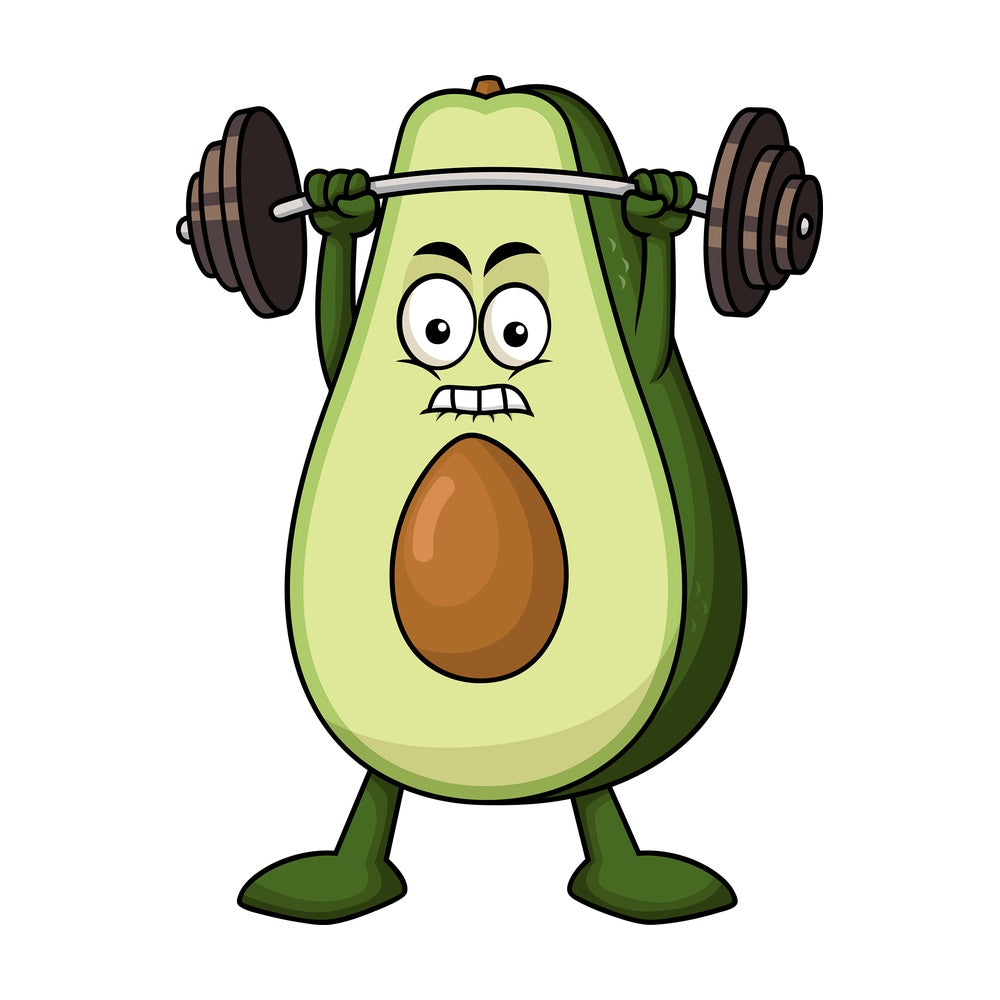 Avocado cartoon character lifting weights. PNG - JPG and vector EPS (infinitely scalable). Image isolated on transparent background.