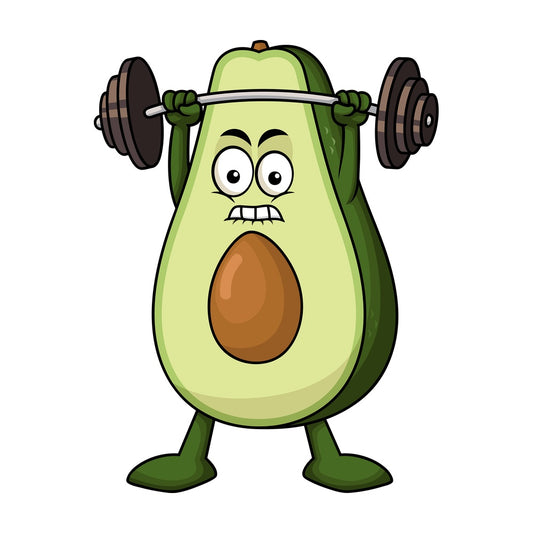 Avocado cartoon character lifting weights. PNG - JPG and vector EPS (infinitely scalable). Image isolated on transparent background.