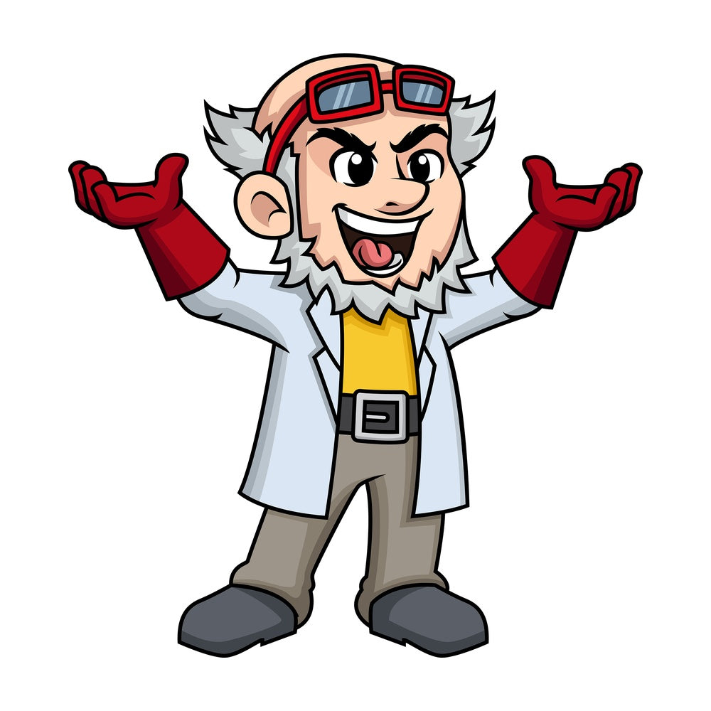 Cheering crazy scientist. PNG - JPG and vector EPS (infinitely scalable). Image isolated on transparent background.